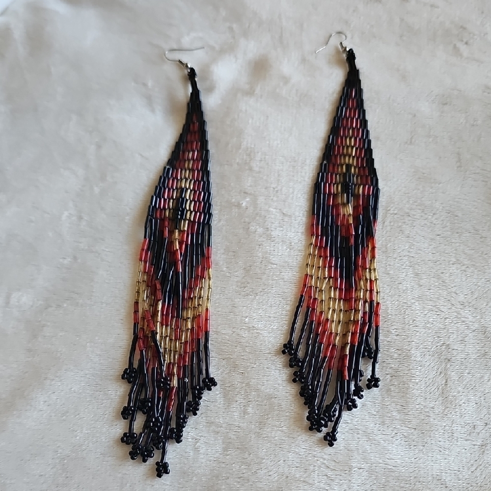 Elegant Beaded Dangle Earrings - Black, Red, Gold